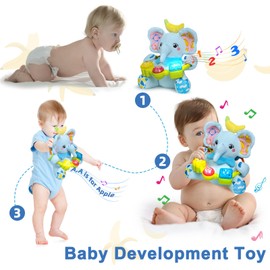 Holaxander Baby Bilingual Stuffed Animals Elephant Toy with Grasp Ring,Crinkle Sound Paper,Squeaker,Teether and Music for Baby Early Education Toys for 0-6-12+ Months Boy Gifts,Blue