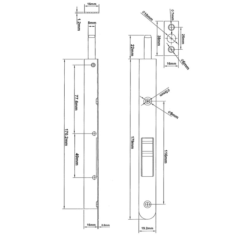 QCAA Solid Brass Flush Bolt, Round Shape, 6", Solid Brass,