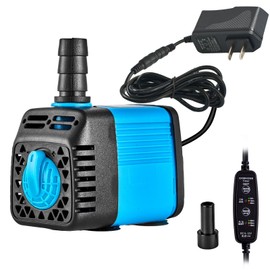 LAPOND 160 GPH Submersible Pump with Timer,600 L/H 7 W 12 V Ultra Quiet Water Fountain Pump with 5.2 ft. Power Cord, 2 Nozzles for Fish Tank, Pond, Aquarium, Statuary, Hydroponics(Blue)