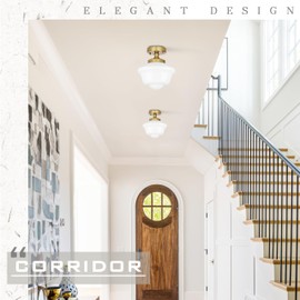 Bagood 8" Gold Schoolhouse Lights Fixture Schoolhouse Light Fixtures Ceiling Mid Century Lights Fixture Milk Glass Fixtures Semi Flush Mount Ceiling Light for Bathroom Kitchen (Bulb Incl.)