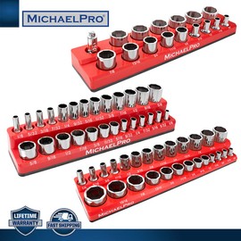 MichaelPro MP014003 3-Pc Magnetic Socket Organizer- 1/4-inch, 3/8-Inch & 1/2-Inch Drive Magnetic Socket Holder Kit in SAE, Professional Grade Socket Organizers for Toolboxes/Cabinets (SAE), Red