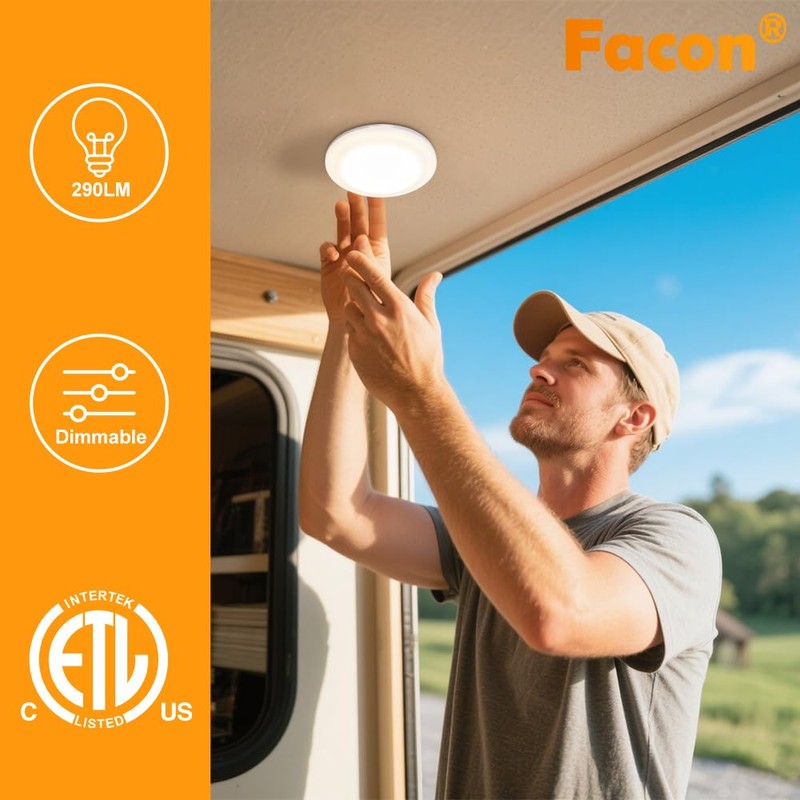 Facon 4.5" LED RV Puck Light Surface Mount - 2Pack,