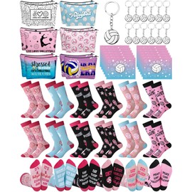 Croloose 48Pcs Volleyball Team Gifts for Women Girls Funny Makeup Bags Novelty Crew Socks Keychians Cards for Volleyball Lovers Team Players