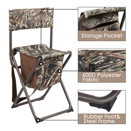 PORTAL Folding Seat, Lightweight Backrest Stool Hunting Fishing Chair with Storage Pocket for Camping, Hiking, Beach, Picnic, Support Up to 225 lbs, Camouflage