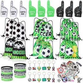 TKNOUS 100pcs Soccer Party Favors for Boy, 12 Pack Soccer Party Supplies, Soccer Drawstring Bags, Foam Fingers, Silicone Bracelet, Keychains, Stickers for Soccer Party Decoration