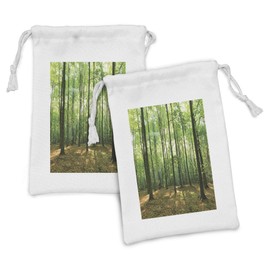 Lunarable Forest Fabric Pouch Set of 2, Morning Sun Spring Forest in Sunny Day with Dry Leaves and Branches Image Print, Small Drawstring Bag for Toiletries Masks and Favors, 9" x 6", Green and Brown