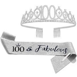 100th Birthday Sash & Rhinestone Tiara Set, 100 Year Old Birthday Gifts for Her Birthday Crown Party Decorations for Women (Silver)