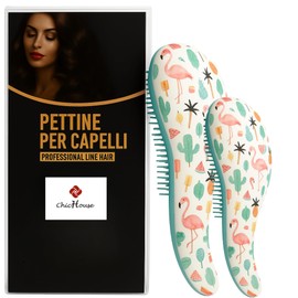 ChicHouse Detangling Brush for Hair, Soft Bristles, Anti-Tear Travel Brush, Gift Idea for Women and Girls Colourful Patterns (Blue Flamingo, Large + Small Bundle)