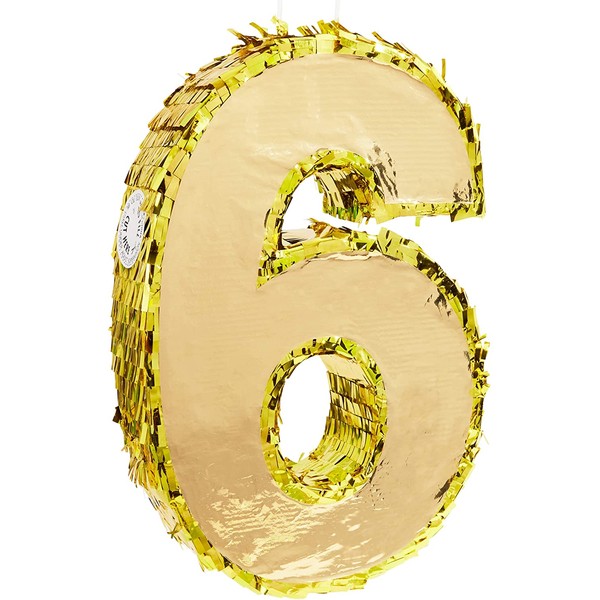 Juvale Small Number 6 Gold Foil Pinata, Sixth Birthday Party Supplies, 15.5 x 10.5 x 3 Inches