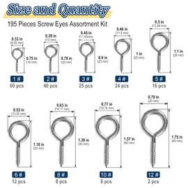Vifmy Screw Eyes Assortment Kit(195Pcs),0.75" 0.78" 0.90" 1" 1.1" 1.18" 1.39" 1.57" 1.75" Zinc Plated Eyelet Screws, Metal Small Tapping Screw Hooks Ring, Silver