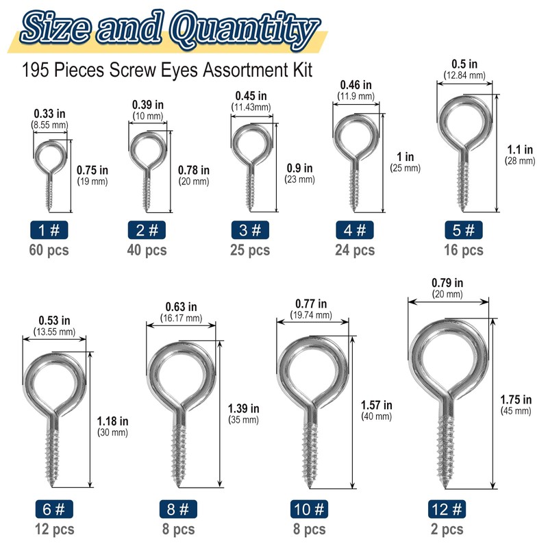 Vifmy Screw Eyes Assortment Kit(195Pcs),0.75" 0.78" 0.90" 1" 1.1" 1.18"