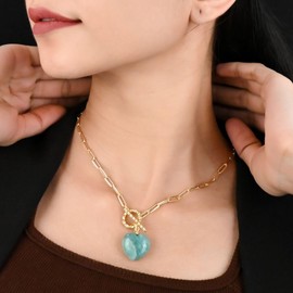 Gempires Smoky Quartz Heart Pendant Necklace for Women 20mm Natural Gemstone Gold Paperclip Chain Toggle Lock Dainty Layering Jewelry Gift for Mom Wife Girlfriend