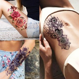 66 Sheets 3D Peony Rose Flowers Temporary Tattoos For Women Girls Arm Sleeve Thigh, Lavender Butterfly Fake Tattoos For Adults, Bulk Realistic Watercolor Floral Temp Long Lasting Tattoo Sticker