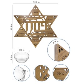 Pulchrum Acacia Wood Seder Plate with 6 Mini Plates, 13'' Star Shaped Seder Plates for Passover, Passover Plate Engraving with Hebrew Symbols of Pesach Foods, Gifts for Jewish Holiday Decorations