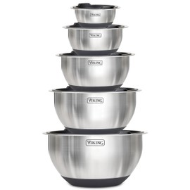 Viking Mixing Bowls Set, 10 Piece Stainless Steel Kitchen Cookware, Non-Slip Silicone Base, Includes Tight Fit Lids, Dishwasher Safe, Black
