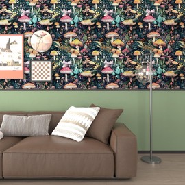 VOLEAAR Mushroom Peel and Stick Wallpaper Colorful Contact Paper, Boho Floral Wallpaper Stick on Bathroom Cabinet Drawer, Vintage Wall Paper 17.5"x 118"