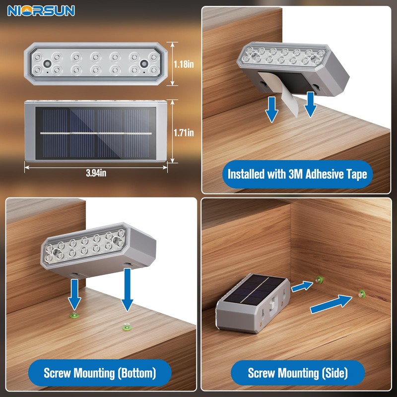 NIORSUN Solar Step Lights, 8 Pack Outdoor Horizontal Lights for