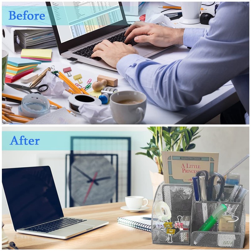 Desk Organiser, Mesh Metal Office Shelf with Pen Holders &