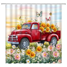 Spring Flower Shower Curtain Vintage Red Truck Colorful Flowers Butterfly Nature Rustic Scenery Bathroom Decor Fabric Curtain with Hooks,70" WX70 H Inches