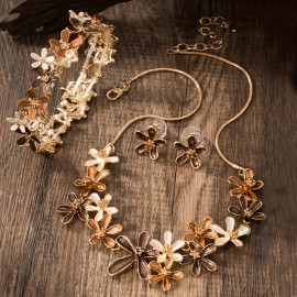 Woman Fashion Bohemian Enamel Elegant Flower Jewelry Set New Trendy Zinc Alloy Necklace Earrings and Bracelet Set SuitableColor: Khaki