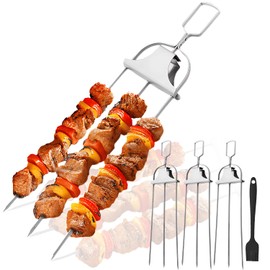 SHIKORI 3 Way Kabob Skewer, 14'' Semi-automatic Stainless Steel Barbecue Fork, Kabob Sticks With Push Bar Reusable Metal Skewer for Outdoor BBQ-4 Pcs