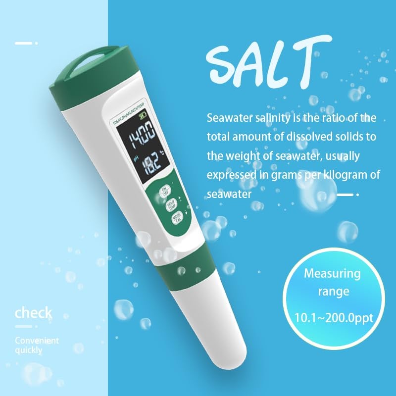 5-in-1 Water Quality Tester - TDS/PH/Temp/Salt/EC Meter - High-Precision Chip