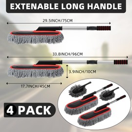 Tanlade 4 Pack Microfiber Car Duster Exterior Scratch Free with Extendable Handle Auto Duster Exterior Cleaning Dust Tools for Car Brush for Cars Truck Bike RV Boats Motorcycle (Gray with Red Edge)