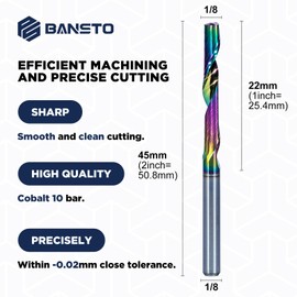 BANSTO O Flute Upcut Spiral Router Bit 1/8 inch Shank, Carbide CNC End Mill for Plastic, Wood, Acrylic, Aluminum, PVC,Single Flute, 22mm Cut Length