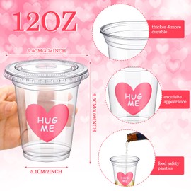 Eaasty 20 Sets Valentine's Day Disposable Cups with Lid and Straws,12 oz Clear Plastic Valentines Cups with Heart Shaped Stickers for Iced Coffee Juice Valentine's Day Party Supplies