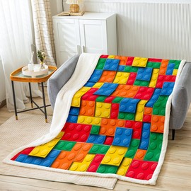 Erosebridal 3D Building Blocks Throw Blanket - 50"x60", Colorful Fleece Kids Boys Bricks Bed Blanket, Gradient Rainbow Gaming Sofa Camping Decor, Yellow Green Blue Orange Red