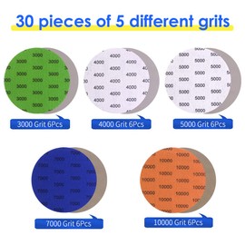 Viaky 30 Pcs 125mm Sanding Discs 3000/4000/5000/7000/10000 Grit, 5 Inch Wet and Dry Sanding Discs, Flocking Round Sanding Pads Polishing Sandpaper for Wood, Metal and Furniture