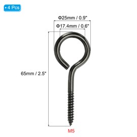 PATIKIL M5x65mm 4pcs 304 Stainless Steel Eye Screw Hook Self Tapping Eye Bolt Wood Fixing Cable Wire for Indoor and Outdoor Black