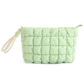 DOB SECHS Cute Quilted Makeup Bag with Handle, Checkered Puffer Cosmetic Bags for Women, Small Puffy Cotton Toiletry Zipper Pouch, Travel Essentials Storage Organizer Clutch Pouches Pencil Case, Green