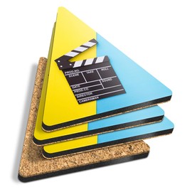 4 x Triangle Coasters - Cinema Clapperboard Movie Film Cork Backed MDF Glossy Tea Coffee Accessory #44612