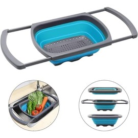 Juego de coladores plegables con bandeja de drenaje de gran tamaño, paquete de 3 coladores de cocina plegables + base, ahorro de espacio para pasta, v