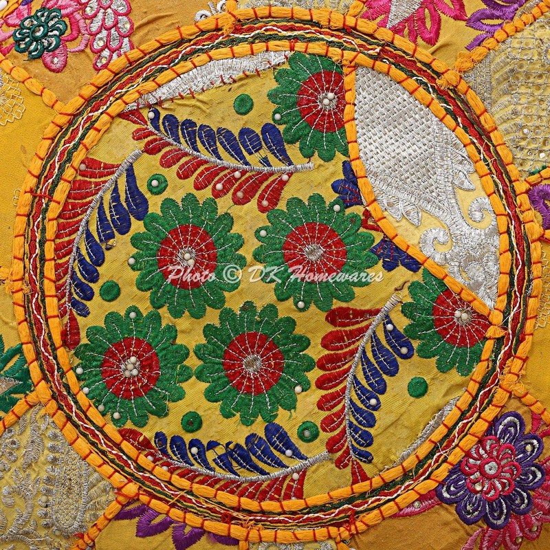 DK Homewares Indian Round Stool Patchwork Embroidered Cotton with Removable