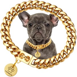 Gold Dog Chain Collar with Dog Tag Pendent Metal Chain Collar Necklace18K Gold Plated Stainless Steel Pet Cuban Links Collars for Dogs(22inch)