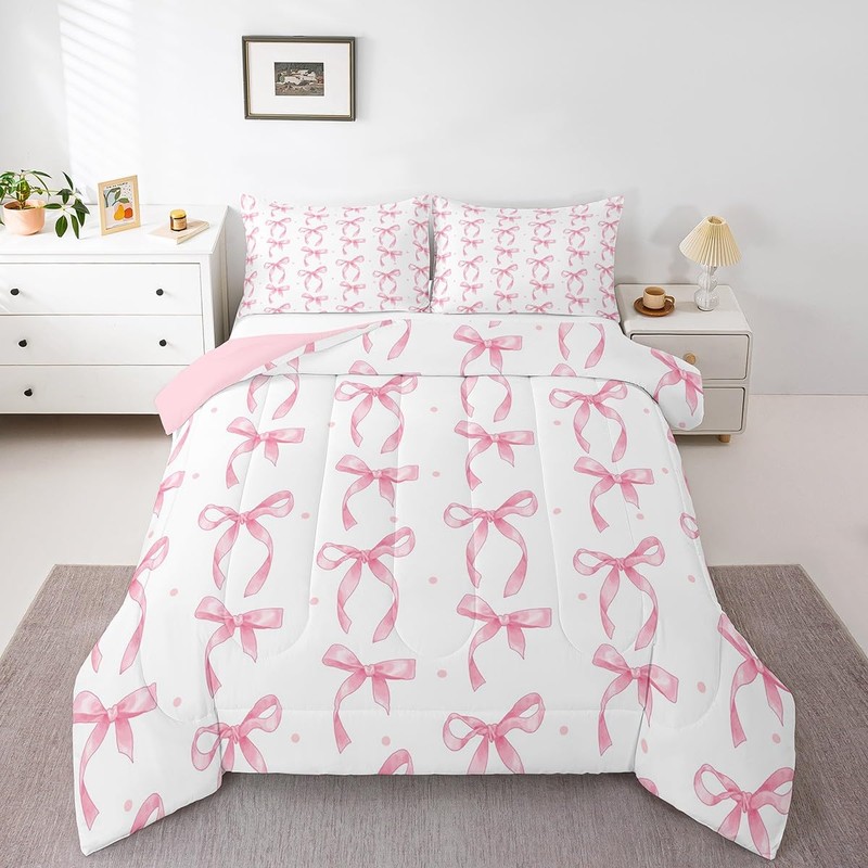 Erosebridal Cute Pink Bow Twin Bedding Set for Girls,Ribbon Bow