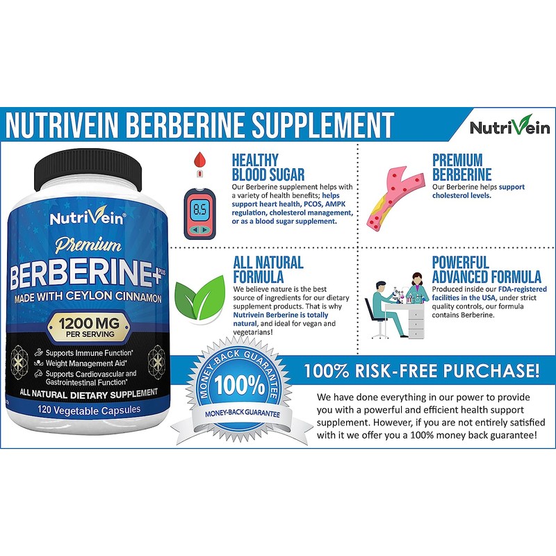 Nutrivein Premium Berberine HCL 1200mg Plus Organic Ceylon Cinnamon -
