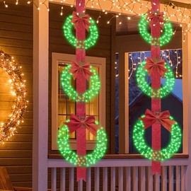 Hmlinktt 3-Piece Outdoor Lighted Christmas Wreath, 61"L Christmas Wreaths with 3 Red Bow & 300 LED Lights, Christmas Wreaths for Front Door with Hook, Wreath Decorations for Home Yard, Green, Set of 2