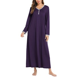 Ekouaer Long Nightgown Long Sleeve Nightshirt Long Sleeve Henley Nightwear Full Length Button Up Sleep Dress Dark Purple XXL