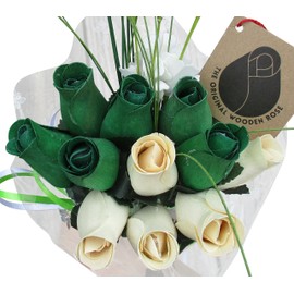 The Original Wooden Rose St. Patrick's Day Green and White Flower Bouquet Closed Bud Roses (1 Dozen)