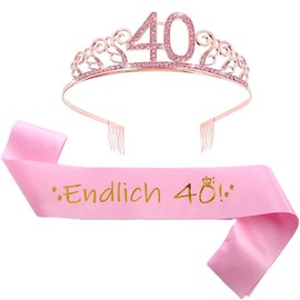 jenich Set of 2 40th Birthday Sash and Tiara Pink Birthday Sash Birthday Crown 40th Birthday Crown Princess Crystal Crown Sash for Women, 40th Birthday Gifts Party Supplies