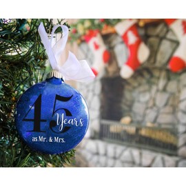 45th Wedding Anniversary Christmas Ornament, 45 Years as Mr & Mrs, Gift for Married Couple, Sapphire Anniversary Keepsake, Traditional Glitter Bauble with White Organza Bow (45th Anniversary)
