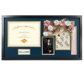 Hodeframe 14x26 Black Shadow Box Diploma Frame with Graduation Cap & Tassel Holder for 8.5x11 Diploma and 4x6 Photo with MDF Wood and Plexiglass, Navy Over Gold Mat for Wall, Graduation Keepsakes