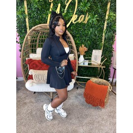 Adogirl Womens Flared Tennis Skirt Sets Slim Zip Up Jacket 2 Piece Outfits Athletic Matching Mini Dress with Shorts Black XXL