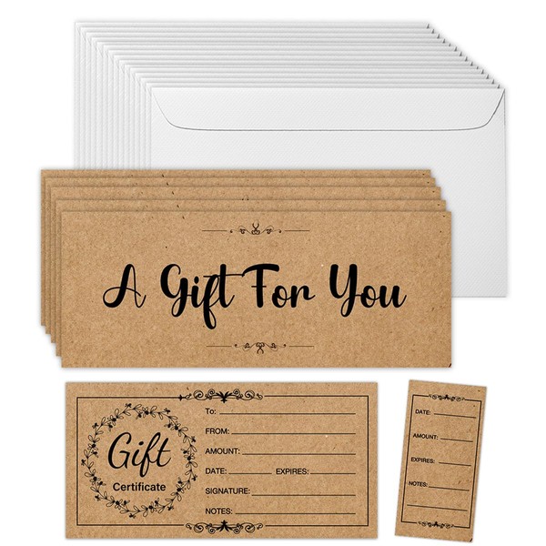 50 SETS Gift Certificates for Business, Blank Kraft Gift Cards