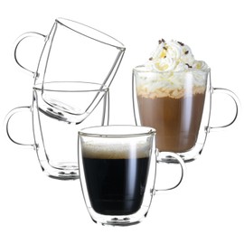 Double Wall Insulated Glass Coffee Mugs set of 4-13.5 oz Clear Hand Blown Glass Coffee Cups with Handle for Cappuccino, Latte,Espresso,Tea Bags,Americano,Beverages,Gifts for Mom