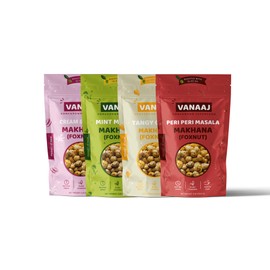Vanaaj Water Lily Pops – Roasted Foxnuts Snack | 4 Flavors: Peri Peri, Cream & Onion, Mint Masala, Tangy Cheese | Crunchy, Low Calorie, High Protein | Plant-Based Ingredients | 0.8oz x 4 Variety Pack