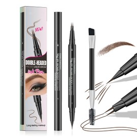 Eye Brow Pen, Waterproof Eyebrow Pencil with Brush, Eyebrow Pencil with Dual-Ended Brush Stroke Pen - Single Fork & Double Prong Tips for Daily Use (Brown)